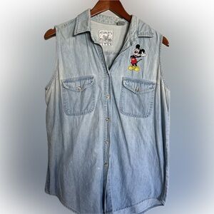 Sleeveless Light Wash Denim Button-Down Shirt with Mickey Patch